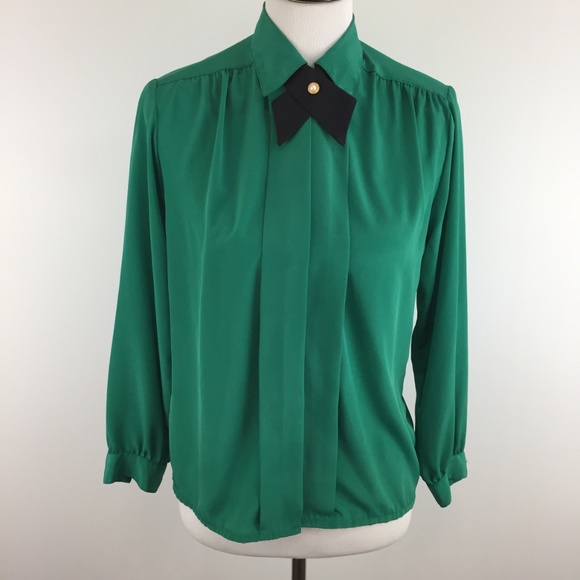 Vintage Tops - Vintage Secretary Blouse Green Petite Impressions